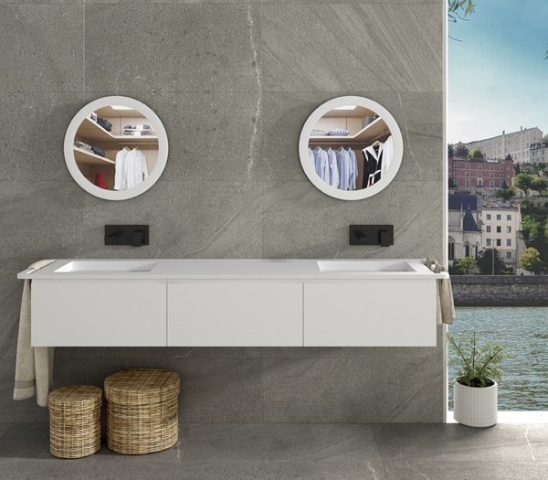 Mueble de baño doble a medida de MDF con 3 cajones Consecutivos + 2 Lavabos de diseño Corian® 563 