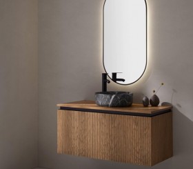 Mueble Suspendido de Roble Natural Efecto 3D con 2 Cajones + Lavabo de apoyo en Porcelana efecto Mármol