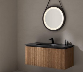 Mueble Suspendido de Roble Natural Efecto 3D con 2 Cajones + Lavabo de Porcelana efecto Mármol