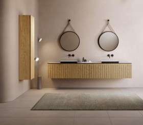 Mueble suspendido de Roble 3D + Lavabo Cuadrado Solid Surface | 25029