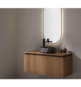 Mueble Suspendido de Roble Natural Efecto 3D con 2 Cajones + Lavabo de apoyo en Porcelana efecto Mármol