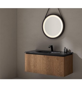 Mueble Suspendido de Roble Natural Efecto 3D con 2 Cajones + Lavabo de Porcelana efecto Mármol