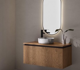 Mueble Suspendido de Roble Natural Efecto 3D con 2 Cajones + Lavabo de apoyo en Porcelana efecto Mármol