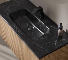 Mueble Suspendido de Roble Natural Efecto 3D con 2 Cajones + Lavabo de Porcelana efecto Mármol