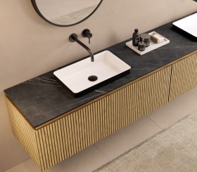 Mueble suspendido de Roble 3D + Lavabo Cuadrado Solid Surface | 25029