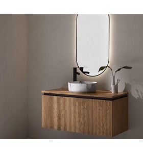 Mueble Suspendido de Roble Natural Efecto 3D con 2 Cajones + Lavabo de apoyo en Porcelana efecto Mármol