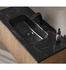 Mueble Suspendido de Roble Natural Efecto 3D con 2 Cajones + Lavabo de Porcelana efecto Mármol