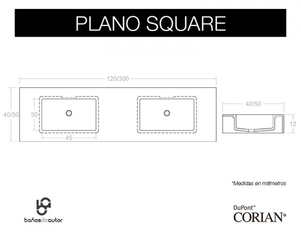 LAVABO DE CORIAN® SQUARE Plano